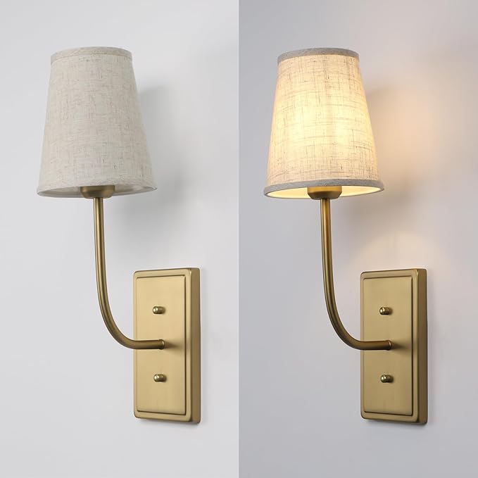 Vintage Brass Wall Sconce 1-Light, Linen Fabric Shade Wall Lamp Hardwired Indoor Wall Light for Bedroom Living Room Vanity Bathroom