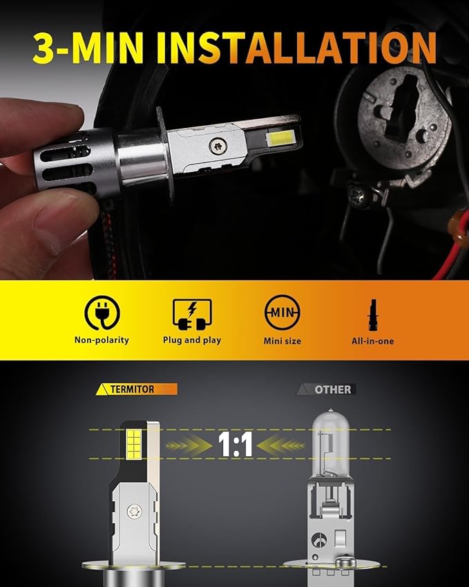 H1 Bulbs, 70,000LM 13X Ultra Brightness, 1:1 Halogen Size, 6500K Cool White, 10-Year Long Lifespan H1 Fog Light with Cooling Fan, IP68 Waterproof, Plug and Play No Adapter Needed, Pack of 2