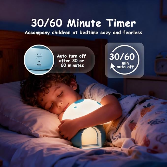 Kids Night Light, Kawaii Bunny Mushroom House Silicone Night Light with Tap Control, 3-Step Dimmable, 30/60 Min Auto-Off Timer, Rechargeable Bedside Nursery Lamp (Blue)