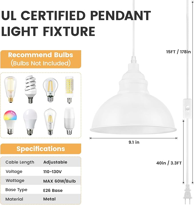 Plug in Pendant Light, 15FT Hanging Lights, On/Off Switch, Industrial Pendant Light with Plug in Cord, Metal Hanging Lamps for Living Room, Kitchen, Dining Room White