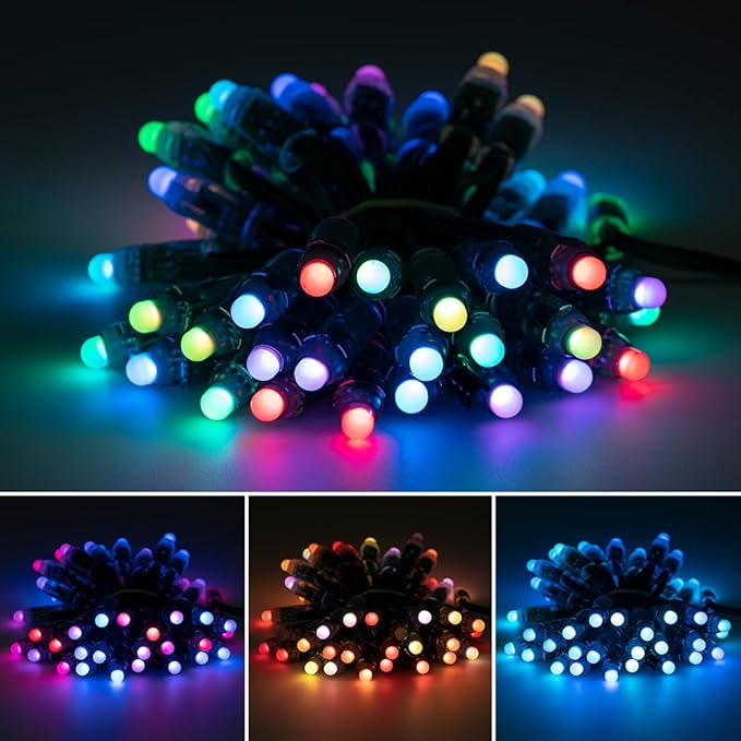 BTF-LIGHTING WS2811 Diffused Digital RGB LED Pixel String Light 12mm Individually Addressable Round LED Module 50pcs/String IP68 Waterproof DC12V Green Wire