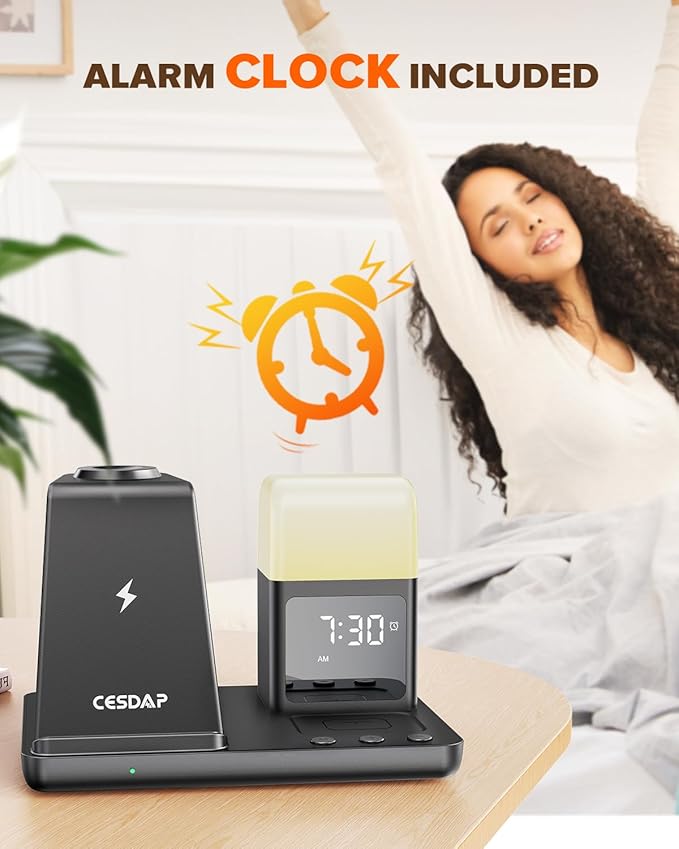 6 in 1 Wireless Charging Station for Apple Charging Station for Multiple Devices with Alarm Clock and Night Light nightstand for iPhone 16 15 14 13 for Apple Watch Best Gift for Your Loved Ones