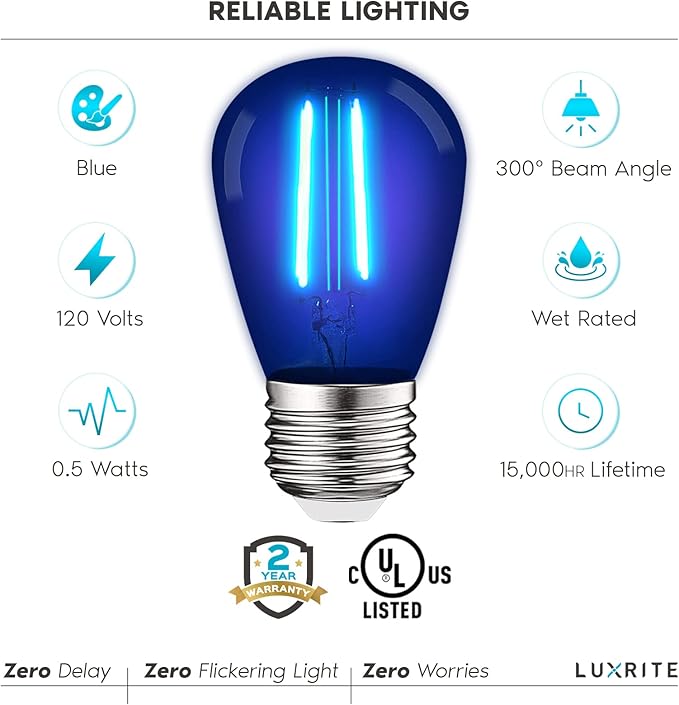 LUXRITE 12-Pack S14 Edison LED Blue Light Bulb, 0.5W, Colored LED Bulbs for Outdoor String Lights, UL Listed, E26 Base, Indoor Outdoor, Decoration, Party, Holiday, String Light Replacement Bulbs
