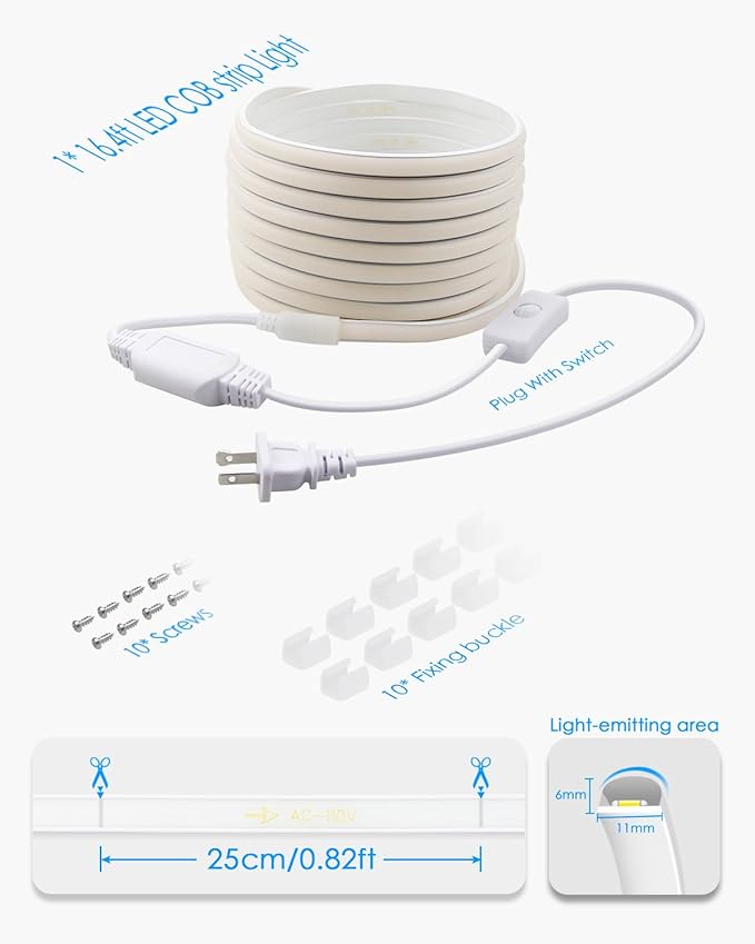 16.4FT COB LED Strip Lights 3000K Warm White Led Rope Lights Outdoor Waterproof with Switch Plug In 288Leds/M High Density AC110V-120V LED Tape Lights for Bedroom Backyards Holiday Decorations