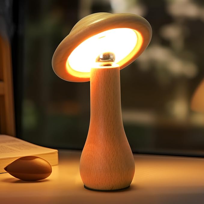 Portable Cordless Touch Switch Small Wooden Mushroom Lamp,Rechargeable Battery Operated, Stepless Dimming, 360 Degree Rotation Angle Adjustable Night Light