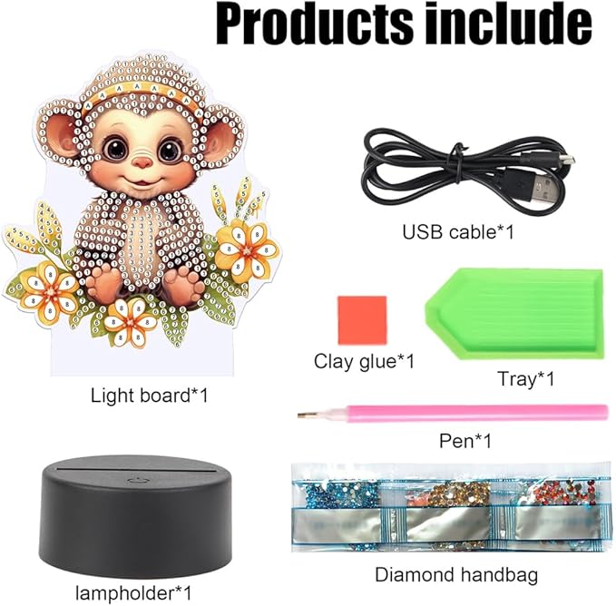 Monkey Diamond Art Painting Night Light,Diamond Art Painting Kits Desktop Touch Lamp Ornaments for Tabletop Decor Diamond Art Accessories for Adult Beginner Bedrooms Living Room