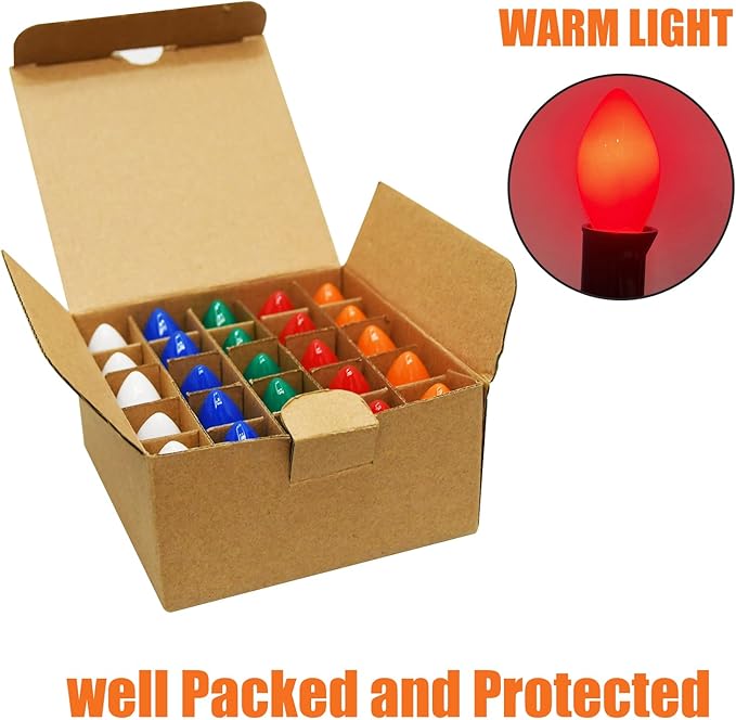C7 Multicolor Incandescent Christmas Light Bulbs, 25 Pack Ceramic Replacement Bulbs for Ceramic Christmas Tree, Vintage C7/E12 Candle Bulbs, 120V 5W Durable Glass Indoor Outdoor Use