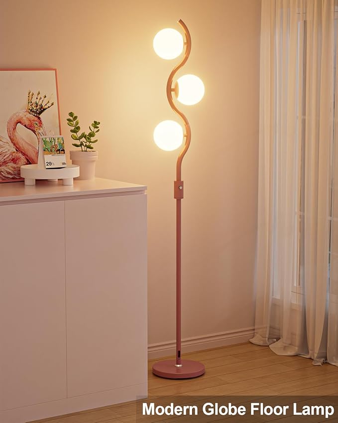 Lightdot 60IN Dimmable Pink Floor Lamp Mid Century Standing Lamps with 3Pcs 3000K Warm White Bulbs Included Dimmable Globe Modern Tall Lamp with Stable Base for Bedroom/Office/Sofa Beside/Corner Decor