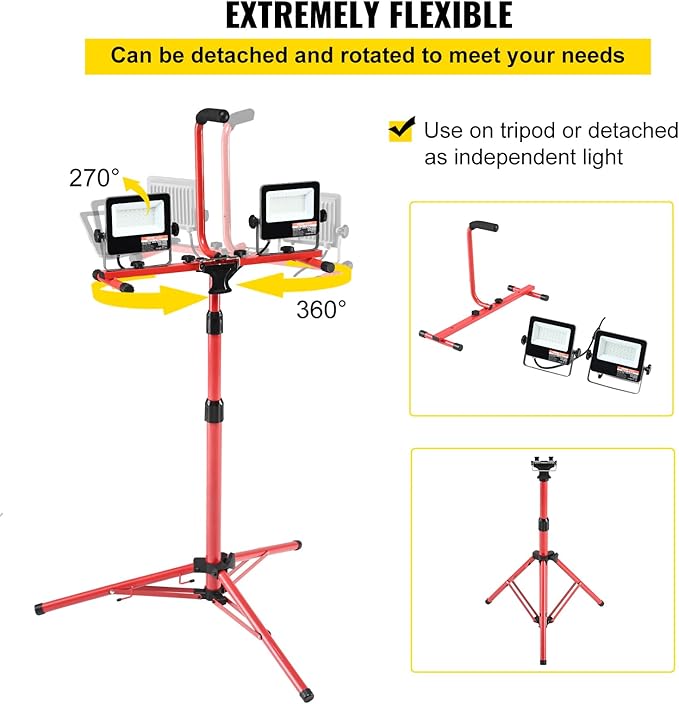 VEVOR LED Work Light with Stand, 5000 Lumen Dual-Head LED Work Light with 27.6"-68.1" Adjustable and Foldable Tripod Stand, IP65 Waterproofed LED Tripod Work Light, with 5000 Kelvin Color Temperature