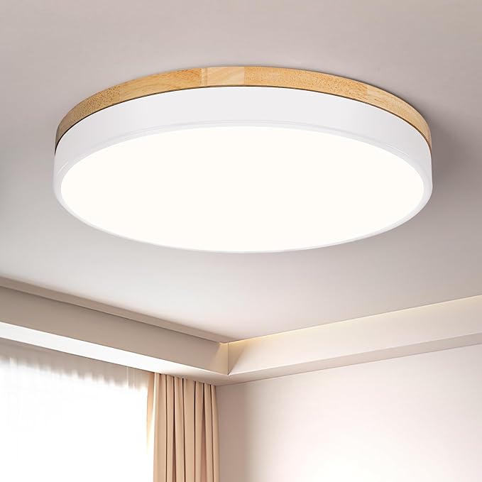 Modern Wood Ceiling Light, White LED Close to Ceiling Lighting Fixtures, Round Flush Mount Ceiling Lamp for Kitchen Bedroom Bathroom Laundry Room Nursery Room Hallway（15.74 Inch）