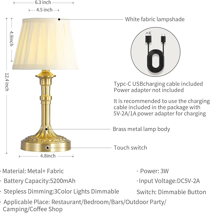 Portables Cordless Table Lamp Set of 2, Fabric Shade Des Lamps,5200mAh Battery Operated,3 Color Stepless Dimming Up,for Restaurant, Bedroom, Camping, Bar, Coffee Shop, (Bronze)