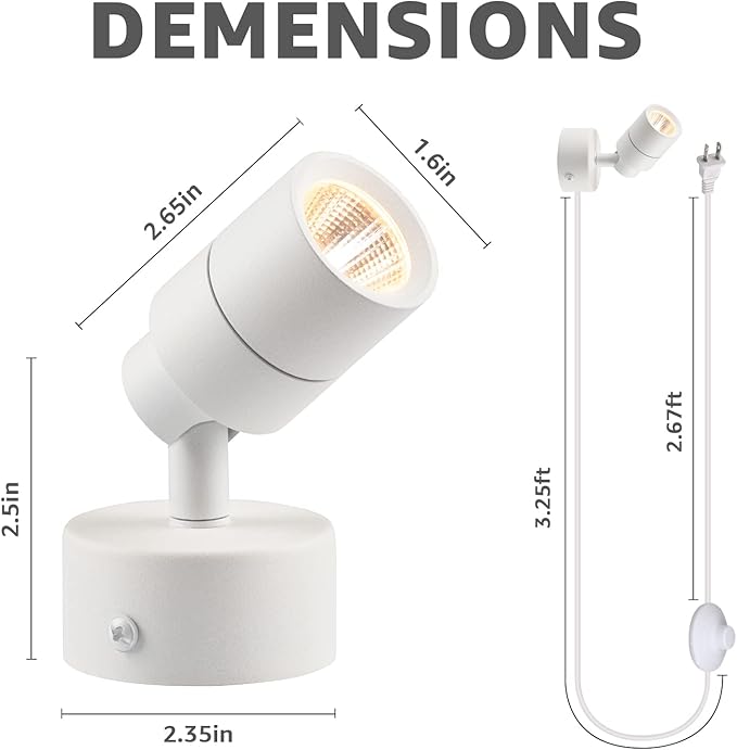 SUNVIE 2 Pack LED Up Lights Indoor, 3W Spot Lights for Indoor Use with 3000K Warm White, 120V Spotlights for Plants Pictures Artwork Uplighting & Accent Lighting, 5.9 FT Plug Cord with Foot Switch