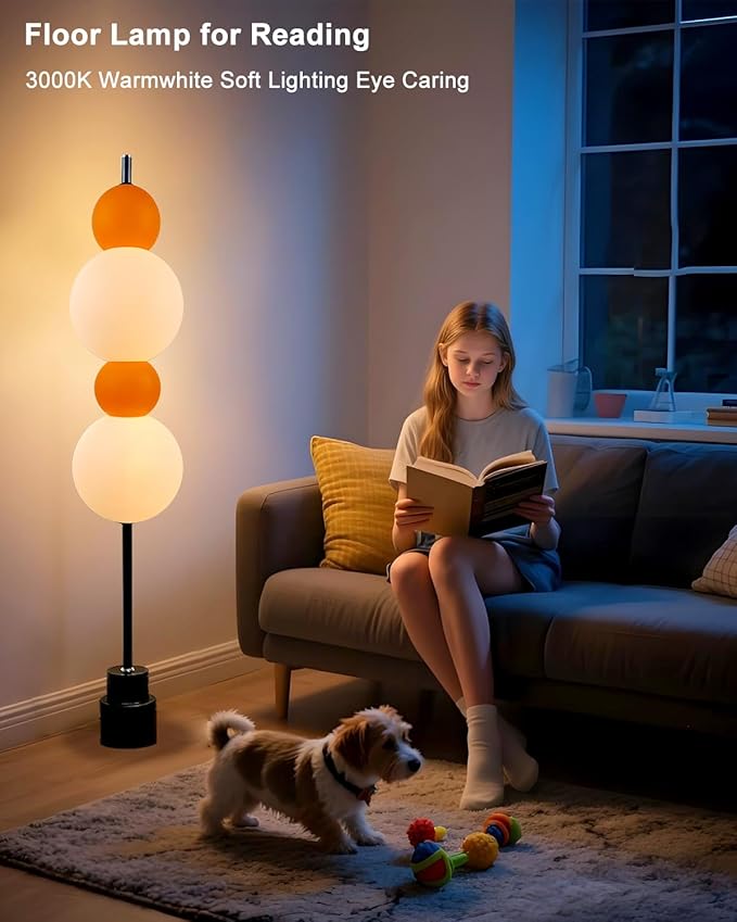 Orange Globe Floor Lamp -RGB& 3000K Dimmable LED, Touch Switch, Modern Tall Standing Lamp for Bedroom, Living Room, Home Office