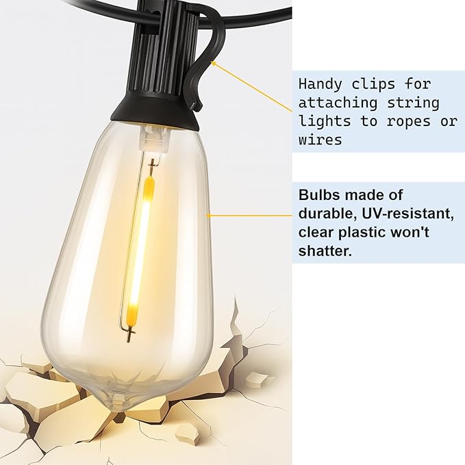 100ft Outdoor String Lights with Rotary Dimmer, 52 LED Edison Bulbs, Dimmable Waterproof Shatterproof 2200K Warm