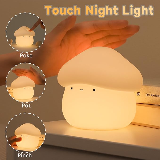 Mushroom Night Light for Kids, Cute Silicone Mushroom Lamp with Timer, 2 Levels Dimmable Squishy Night Light for Baby Nursery, Rechargeable Touch Night Light Mushroom Gifts for Boys and Girls (White)