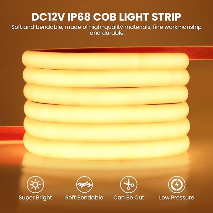 KISUFU COB LED Strip Light 12V Neon Light Strip 320Leds/M IP68 Waterproof Flexible LED Lights for Cabinet Engineering Home Outdoor DIY Lighting (Power Supply Not Included),10M,Natural White