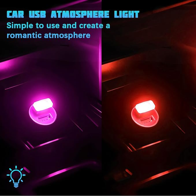 4PCS/Set USB LED Car Interior Atmosphere Lamp, Portable Mini Vehicle LED Night Light, Plug-in USB Interface Automotive Interior Ambient Lighting Kit Accessories, Universal Fit (Red/Pink)
