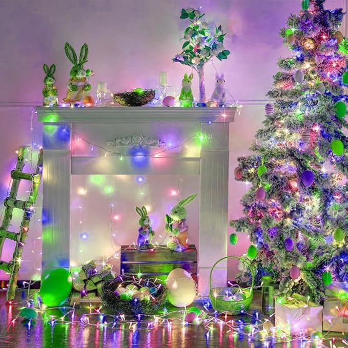 LAMPHOME 50 LED Outdoor Easter Lights, 16 FT Pastel Colored Battery String Light with 9 Modes & 6 Hour Timer, Waterproof Easter Mini Lights for Indoor Patio Garden Party Tree Bedroom House Decoration