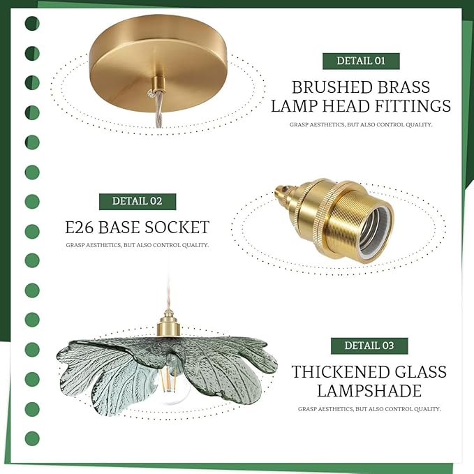 Farmhouse Vintage Pendant Lights Dark Green Glass Pendant Lighting Kitchen Island 1-Light Gold Pendant Light 15.74Inch Large Hanging Light fixtures with Glass Shade for Dining Room Bedroom
