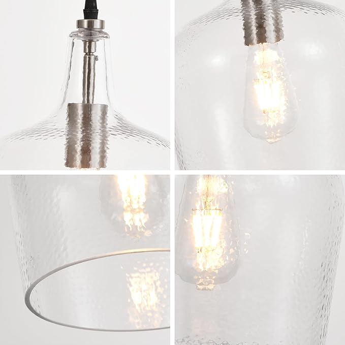 Large Hammered Glass Pendant Light Modern Brushed Nicklel 1 Light Single Dome Pendant Lighting Fixtures for Kitchen Island Dining Room Hallway, Dia 10 Inch, UL Listed