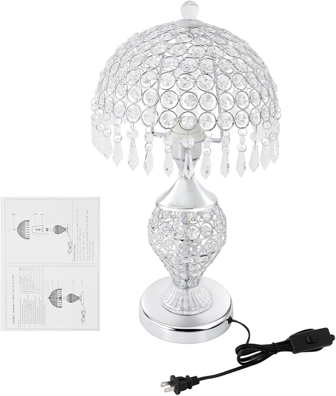Touch Control Glass Table Lamp, K5 Crystal Nightstand Desk Lamp Vintage Desktop Bedside Lamp for Bedroom, Read, Office, Home (Silver)