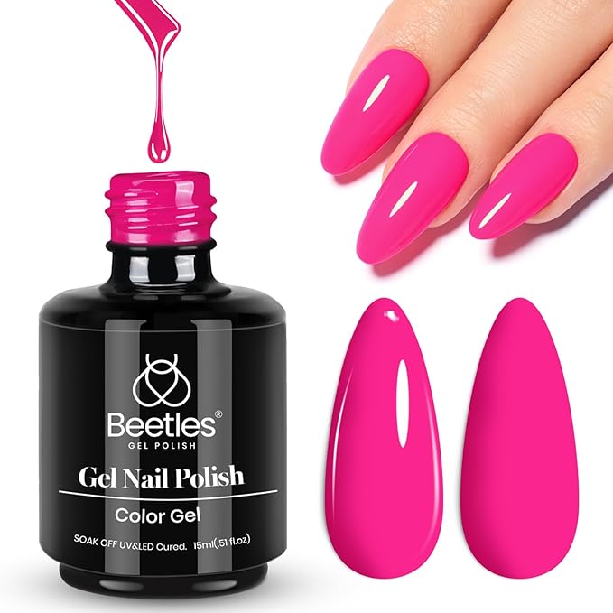 Beetles Pink Gel Nail Polish - Year 2 Kilo Hot Pink Gel Polish, 15ML/0.51Fl Oz Neon Color, Soak Off UV LED Lamp Nail Art, Long-Lasting Manicure Salon DIY Home Spring Nails - Gifts for Her