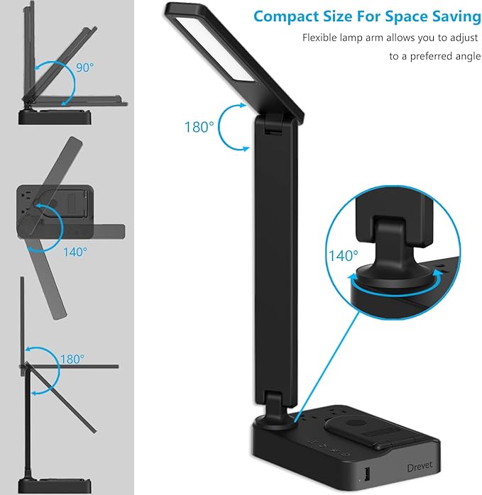 Drevet LED Desk Lamp with Wireless Charger, Desk Table Light with USB Charging Port and 2 Outlets, 3 Lighting Modes, 3 Level Brightness, 1H Timer, Touch Control, Eye-Caring Home Office Foldable Lamp