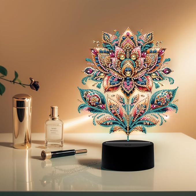 Luxurious Flower Diamond Art Painting Night Light,Diamond Art Painting Kits Desktop Touch Lamp Ornaments for Tabletop Decor Diamond Art Accessories for Adult Beginner Bedrooms Living Room