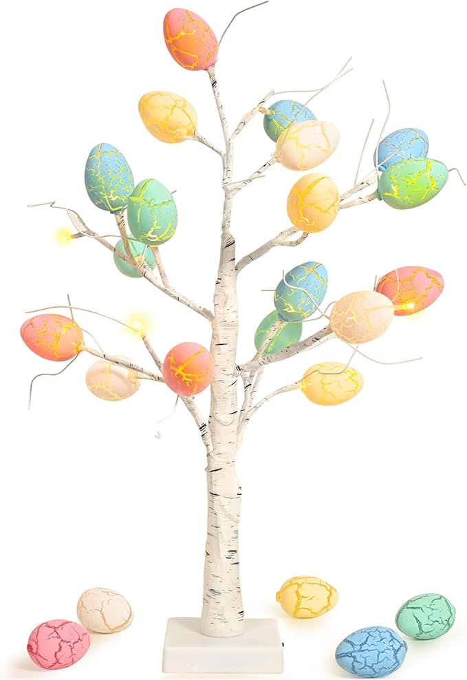 Easter Decorations kemooie 24 inch Pre-lit White Birch Tree with 24pcs Easter Egg Ornaments, 24 Led Lights Battery Operated Table Centerpiece for Party Birthday Home Spring Decoration Indoor Use
