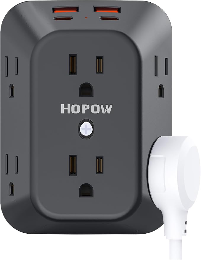 USB Wall Charger Surge Protector, HOPOW 6 Outlet Extender with 4 USB Charging Ports (2 USB C), 3-Sided 1050J Multi Plug Wall Outlet, Wall Mount for Home Travel Office, Black