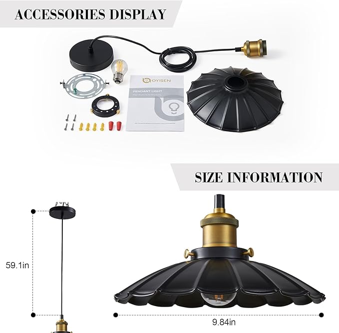 Black Pendant Light, 9.8 Inch Retro Hanging Lamp for Bedroom, Glossy Hanging Kitchen Lights Living Room Height Adjustable Pleated Pendant Light