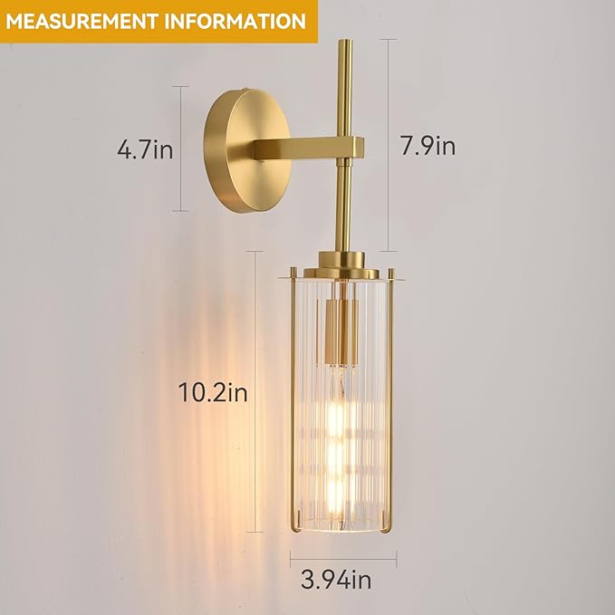 Modern Brass Wall Sconce,18" Gold Wall Sconces Set of Two,Bathroom Vanity Light Fixtures with Vertical Striped Glass Tube,Wall Light for Bedroom,Living Room,Hallway,Staircase,Mirror