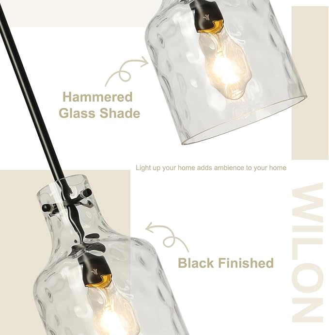 WILON Industrial Glass Pendant Lights for Kitchen Island, Modern Black Pandent Light Fixture 7" Hammered Glass Shade Farmhouse Pendant Lights Adjustable Rod Hanging Light for Kitchen Sink Dining Room