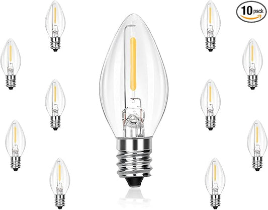 C7 LED Replacement Christmas Light Bulbs, 10 Pack Clear Shatterproof Halloween Bulbs for Outdoor String Lights, Xmas Tree Patio Porch Holiday Party Decor, E12 Candelabra Base, Warm White
