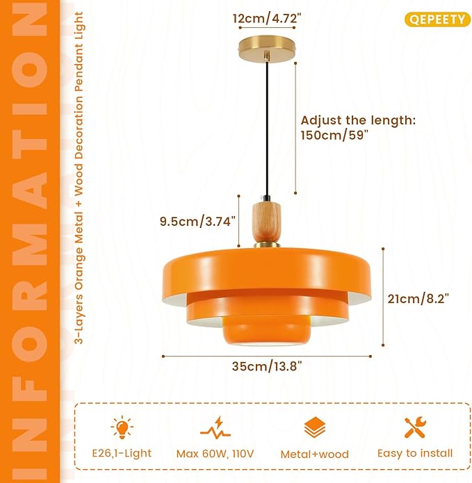 Orange Pendant Light with Wooden Dome, 3-Layer Metal Shade Mid Century Chandelier, Minimalist Industrial Hanging Light for Dining Room, Farmhouse Sink, Office