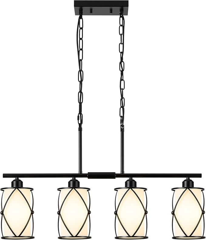 4-Light Kitchen Island Lighting, Modern Black Linear Dining Room Light Fixtures with Milk Glass, Farmhouse Industrial Chandelier Pendant Light for Kitchen Island Dining ROM, CH9176BKW-4IS