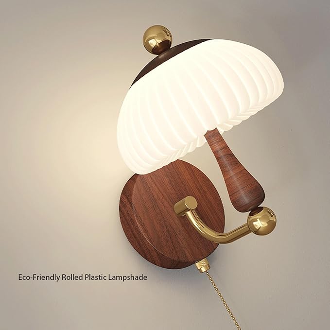 Retro Nordic Unique Creative Design Walnut Wood Grain LED Wall Sconce Mushroom Pleated PE Lampshade Pull Chain for Living Room Bedroom Hotel Bedside Hallway Study Ambient Deco