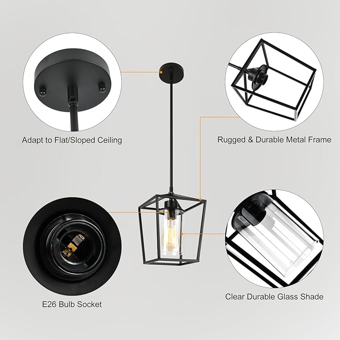 2 Pack Black Pendant Light Fixture 1-Light Farmhouse Pendant Lights Kitchen Island Lantern Iron Cage Hanging Lights with Clear Glass Shade for Entryway Dining Room Hallway Porch