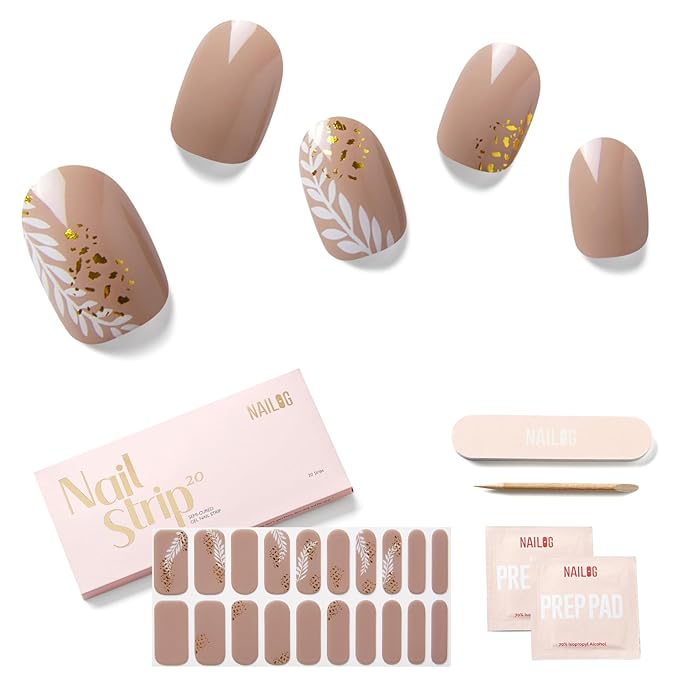 Semi Cured Gel Nail Strips - NAILOG 20 Pcs Brown Leaves Nail Stickers Extra Long Wraps with Glossy Gel Finishing for Autumn Winter, Caramel
