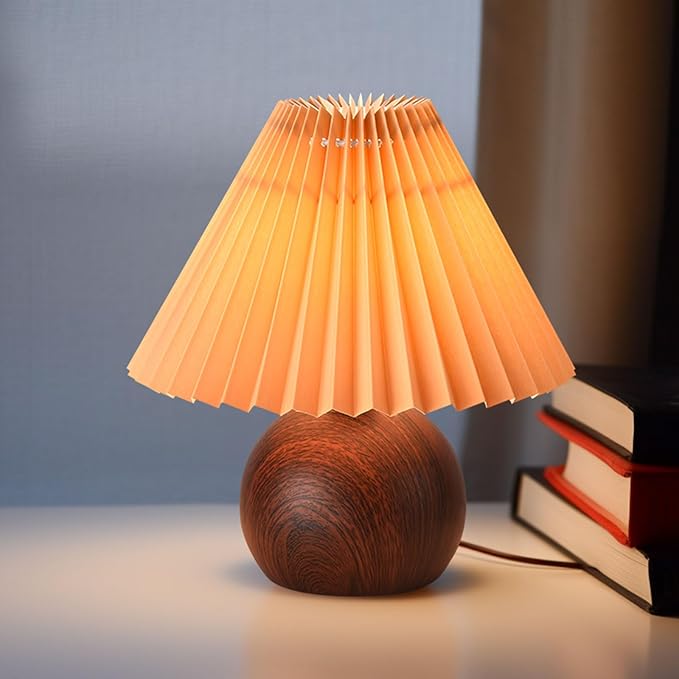 KUNJOULAM Small Pleated Table Lamp, Modern Bedside Nightstand Lamp with Coffee Lampshade, Cute Lamp for Bedroom Living Room Home Office Decor with E12 Bulb