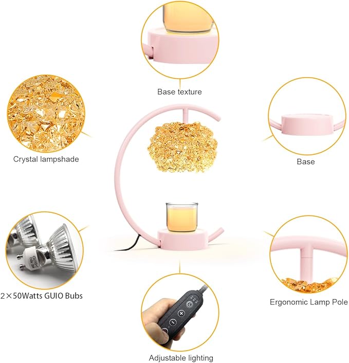 Pink Candle Warmer Lamp for Jar Candles with Adjustable Brightness＆Timer，Handcrafted Crystal＆Wooden Base,Candle Lamp Luxurious Design+2Bulbs,Home Decoration Electric Candle lamp(C-Shaped)