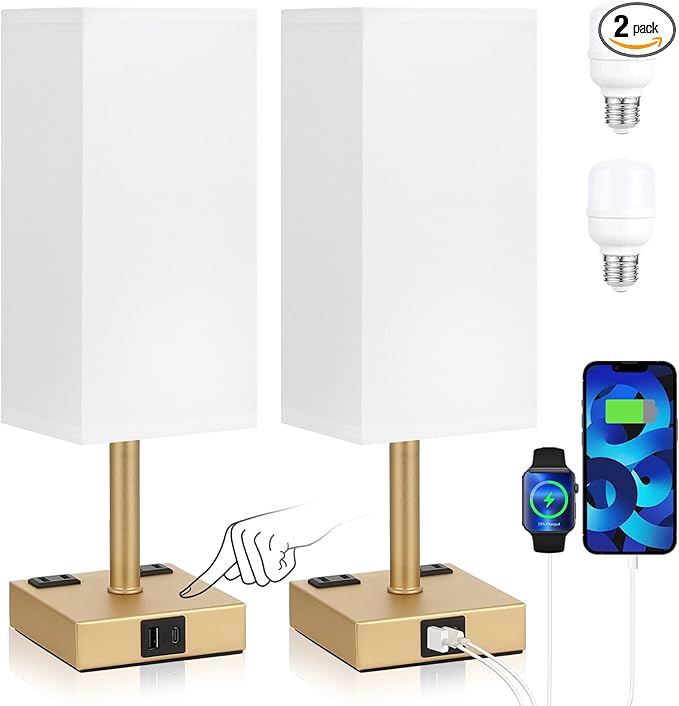 aooshine Gold Base Touch Lamps Set of 2 - Nightstand Lamp with USB-C + A Charge Ports & AC Outlets, 3-Way Dimmable Bedside Lamp, Small Table Lamp Light for Bedroom (Bulb Included)