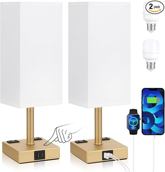 aooshine Gold Base Touch Lamps Set of 2 - Nightstand Lamp with USB-C + A Charge Ports & AC Outlets, 3-Way Dimmable Bedside Lamp, Small Table Lamp Light for Bedroom (Bulb Included)