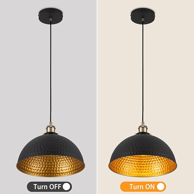 12" Industrial Black Gold Pendant Lights Vintage Dome Pendant Light Fixtures with Golden Finish Rustic Farmhouse Black Pendant Lights for Kitchen Island, Dining Room, Bedroom