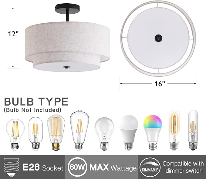 16" Double Drum 3-Light Semi Flush Mount Ceiling Light, Classic Fabric Linen Shade Design for Living Room, Bedroom, Kitchen, Dining Room, Hallway and Entryway
