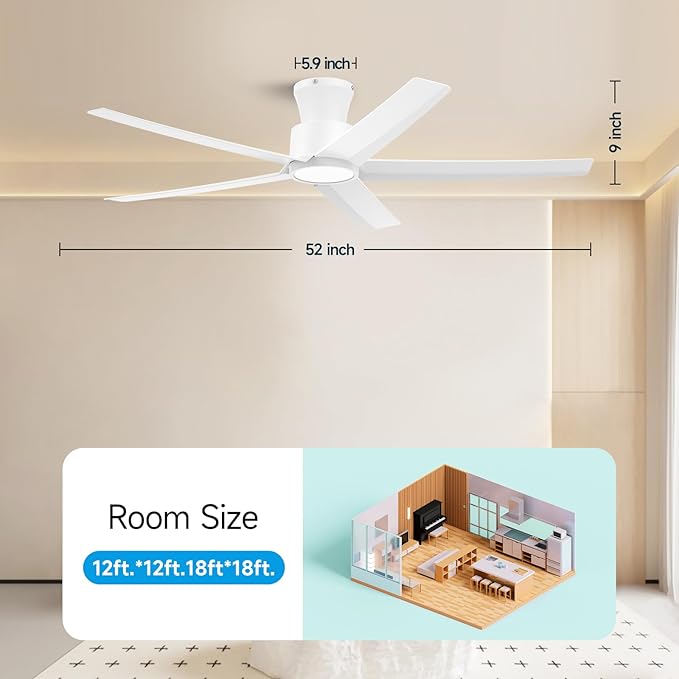 ocioc 52 inch Ceiling Fans with Lights, Large Air Volume Ceiling Fans with Reversible Quiet DC Motor and Remote（White）