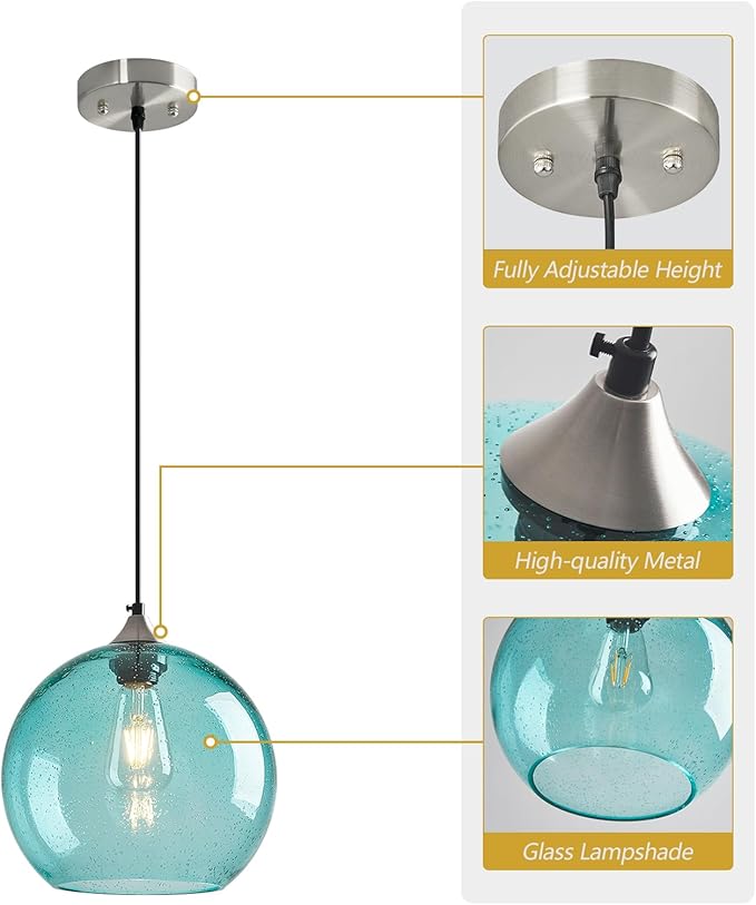 Light Blue Glass Pendant Lights Kitchen Island Globe Pendant Light Fixtures Modern Pendant Lighting for Bedroom Living Dining Room Light Fixture (9.84 in, 1 Pack)