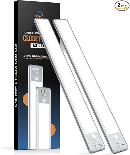 BLS 14.8inch Under Cabinet Lighting, 63 LED Closet Lights, 2500mAh USB C Rechargeable Under Cabinet Lights, Battery Operated Lights, Motion Sensor Light Indoor, Magnetic Night Light for Kitchen 2 Pack