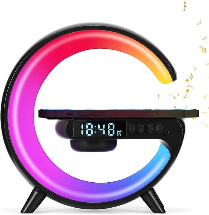 DEECOZY Mini Wireless Charger Atmosphere Lamp, Bluetooth Speaker LED Table Lamp, 10 Lights Mode Dimmable Night Light Bedside Lamp Alarm Clock with Music for Christmas Birthday Valentines Day Gifts