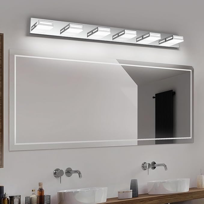 48-Inch 6-Light LED Modern Chrome Bathroom Vanity Light Fixtures Over Mirror, Bathroom Lighting Fixtures with Cool White 6000K, Rotatable Vanity Wall Lights for Bath Restroom Powder Room